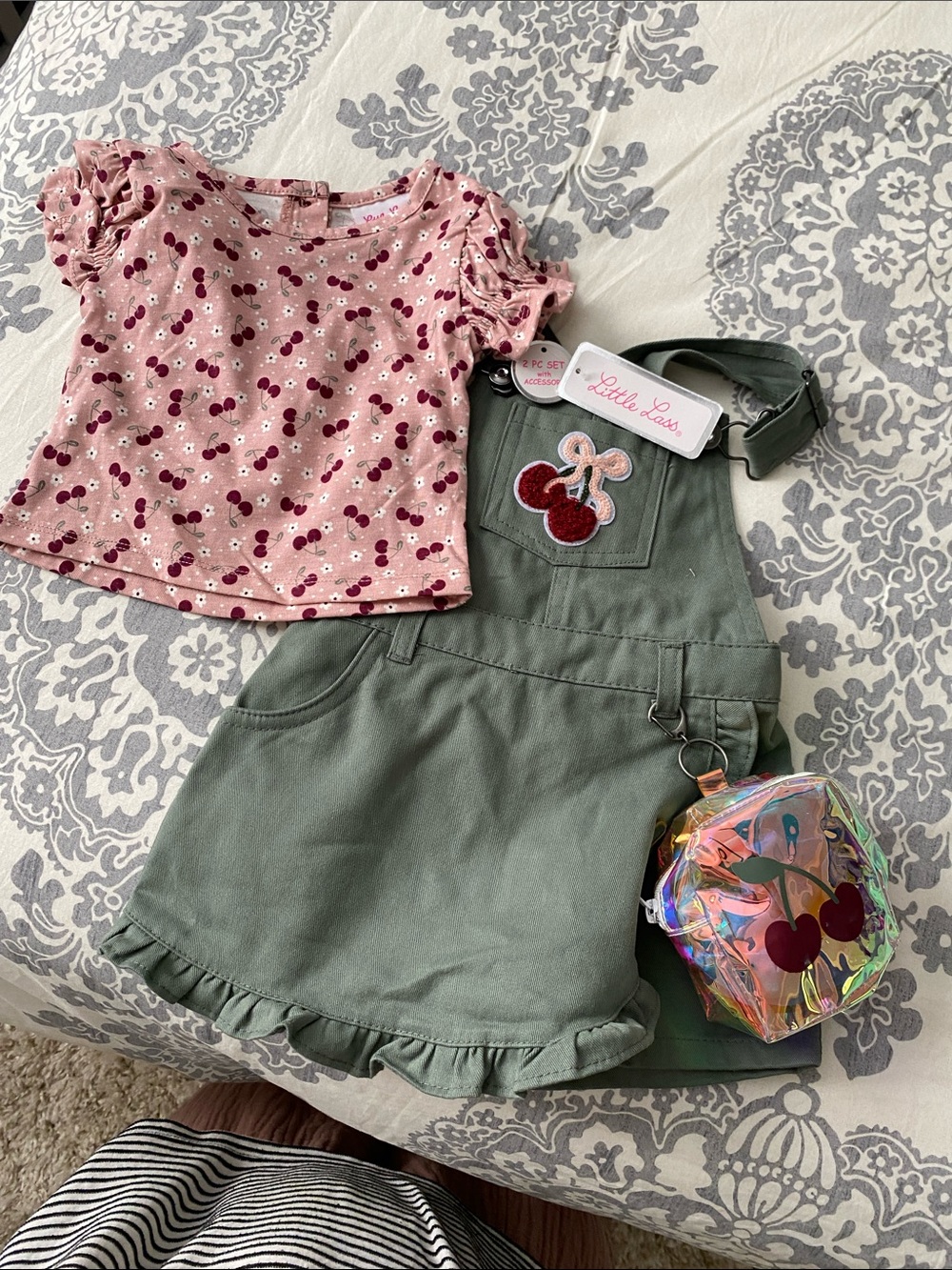Little Lass Pink Cherry Print Tee with Olive Green Ruffle Overalls
